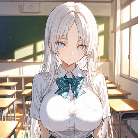 masterpiece, best quality, score_9, score_8_up, highly detailed faces, highly detailed eyes, one girl, solo, middle parted bangs, white hair, blue eyes, long hair,  straight hair, big breasts, 
school uniform, background is classroom, standing straight, em...