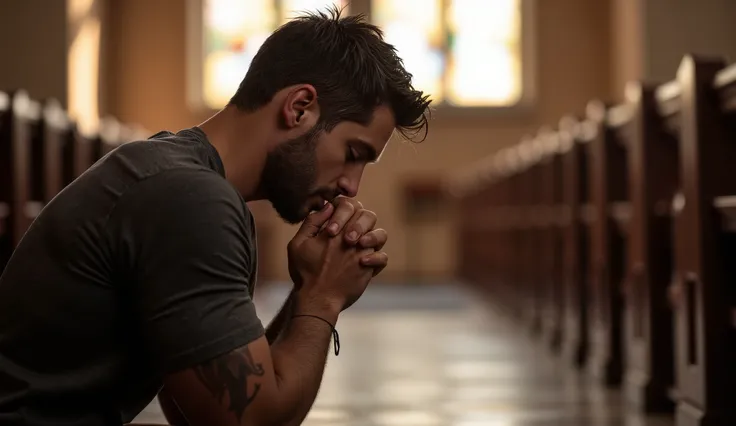 Handsome Man Kneeling With His Forehead Touching His Clasped Hands:
A close-up of a ruggedly handsome man kneeling on the church floor, his forehead gently resting against his clasped hands. His expression is one of deep surrender, eyes closed as he offers...
