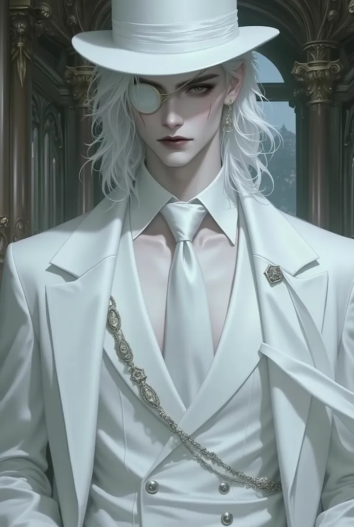 An androgenic young man dressed in the Key visual style in the color white with a white top hat and an eye slap on his left eye ((WHITE HAIR)) and the ((lips painted black)) He is in a castle hall 