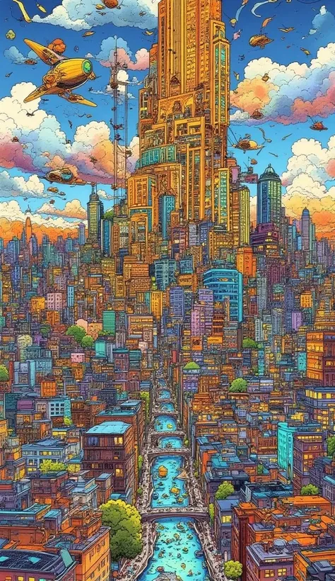 A breathtaking cityscape bathed in an explosion of vibrant colors, where towering skyscrapers shimmer with iridescent hues, reflecting the golden glow of a setting sun. The buildings are adorned with intricate stained-glass facades, neon-lit murals, and ca...