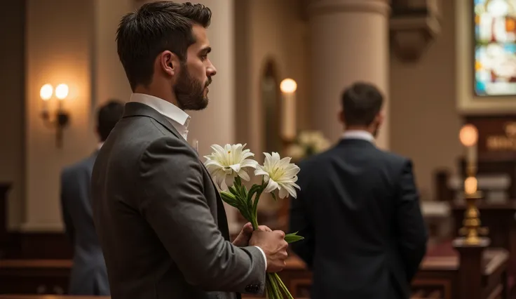 Holding a Single White Lily While Looking Toward the Altar:
A well-dressed, handsome man stands near the front of the church, holding a single white lily in his strong hands. His gaze is fixed on the altar, his expression solemn yet full of faith, as if of...