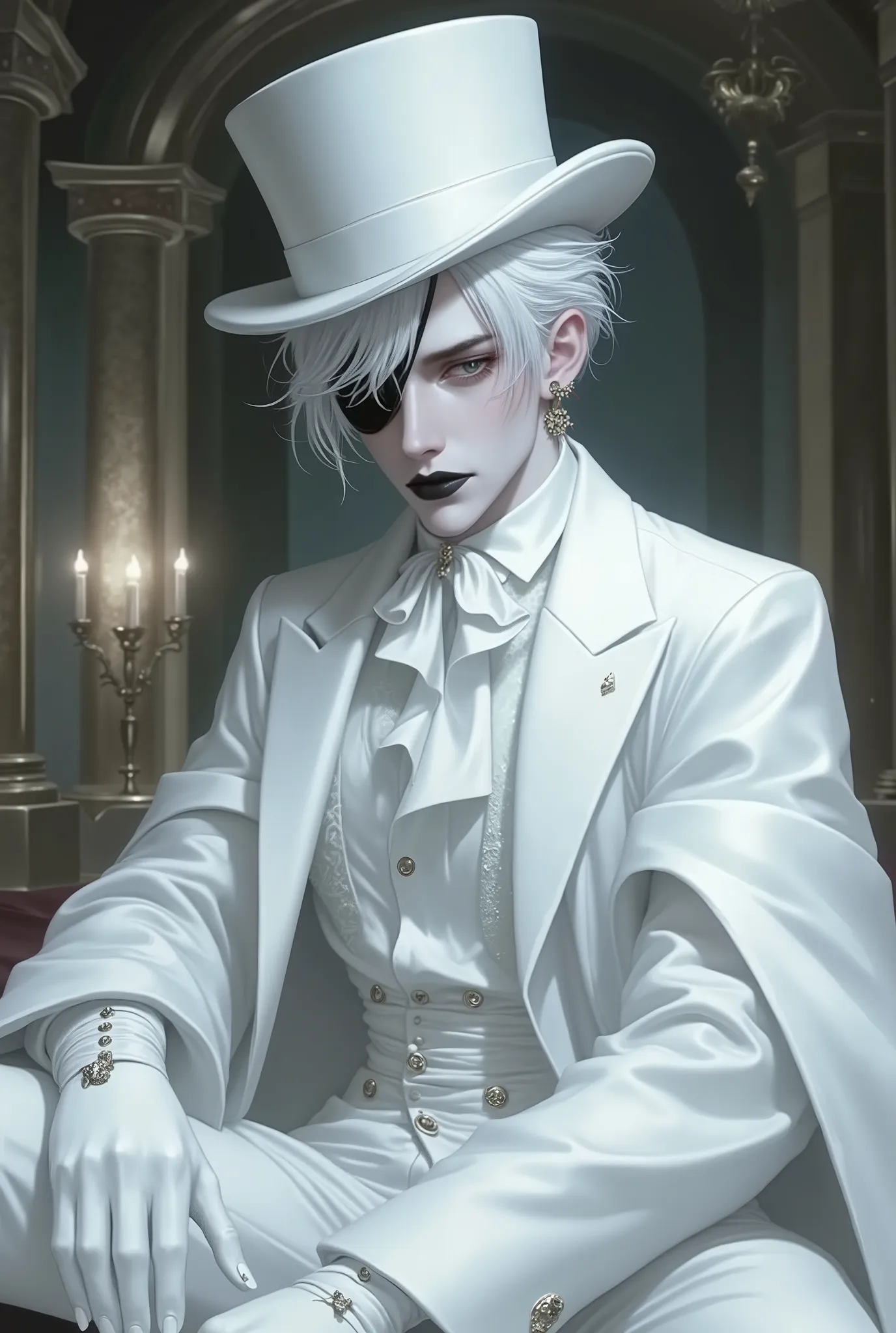 An androgenic young man dressed in the Key visual style in the color white with a white top hat and an eye slap on his left eye ((WHITE HAIR)) and the ((lips painted black)) He is in a castle hall 