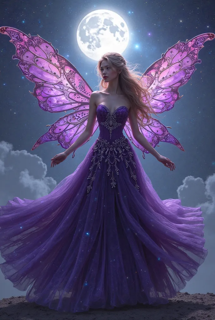 Make me a fairy princess of the night color purple, with wings and medieval style