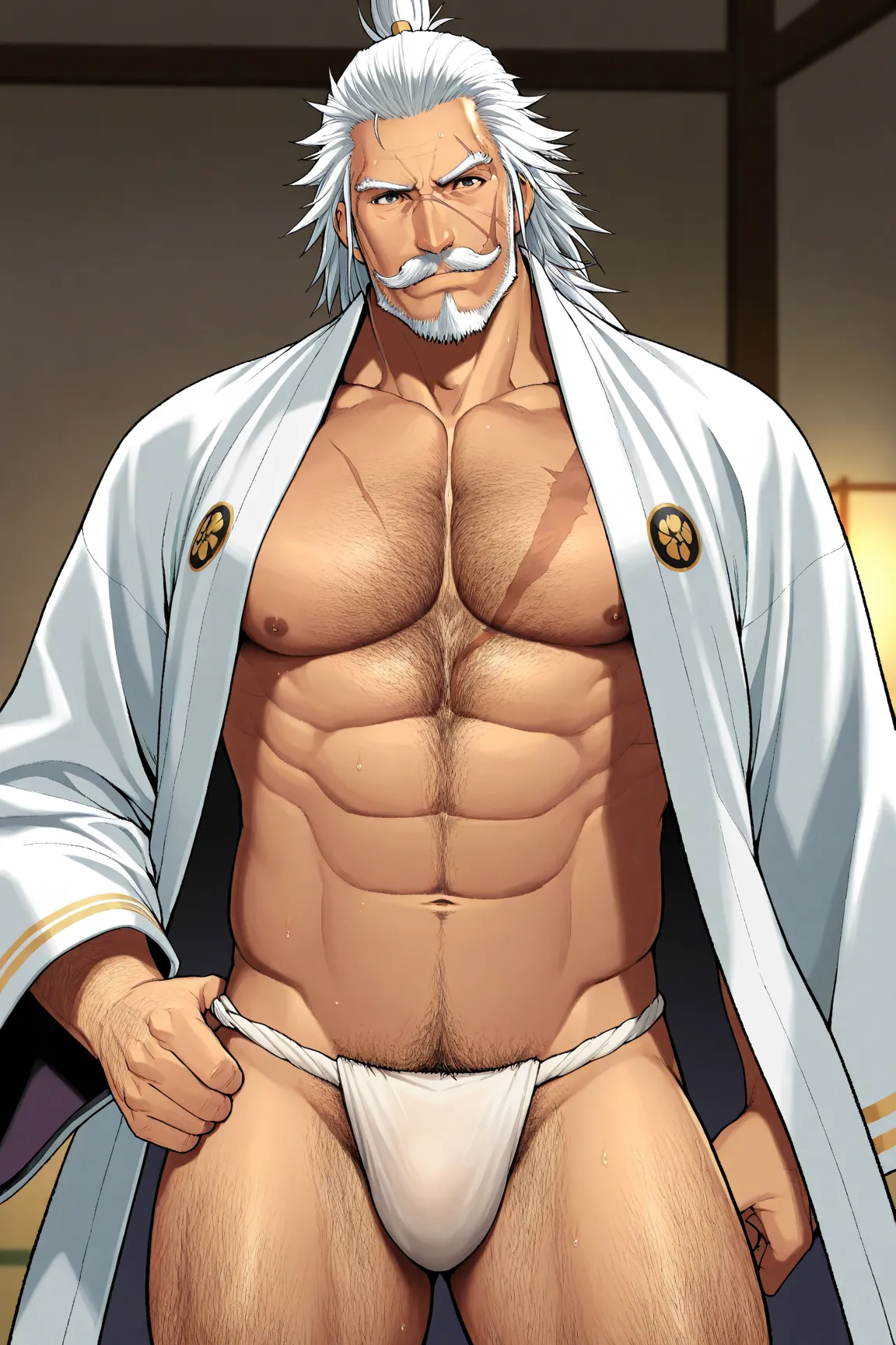 1man, solo, Masterpiece, japan mature daddy, samurai warriors, samurai clothes, muscular, scar, mustache, facial hair, white hair, hairy chest, fundoshi underwear