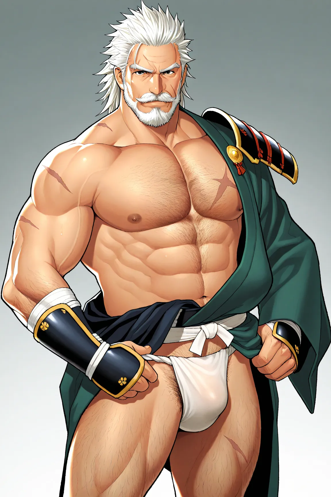 1man, solo, Masterpiece, japan mature daddy, samurai warriors, samurai clothes, muscular, scar, mustache, facial hair, white hair, hairy chest, fundoshi underwear