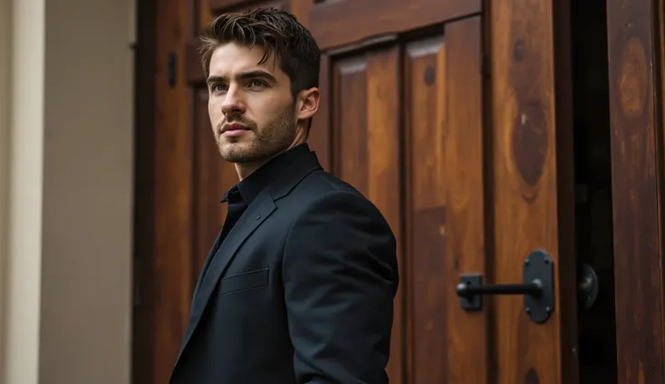 Standing Before a Large Church Door, One Hand Resting on the Handle:
A handsome man with chiseled features stands before a grand wooden church door, one hand resting gently on the handle. His expression is thoughtful, as if hesitating for a moment before s...