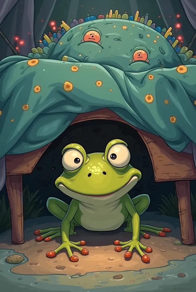 (Illustration of a frog with a curious expression looking
Under your bed, where a friendly and colorful monster appears)