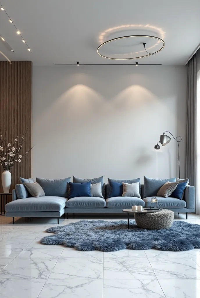 Creates an image of a room with a white marble floor, an L-shaped sofa for 4 people with blue and gray cushions, a furry blue-gray rug and a small round glass table with small flowers on top, a modern circle ceiling lamp, a furry gray armchair blanket and ...