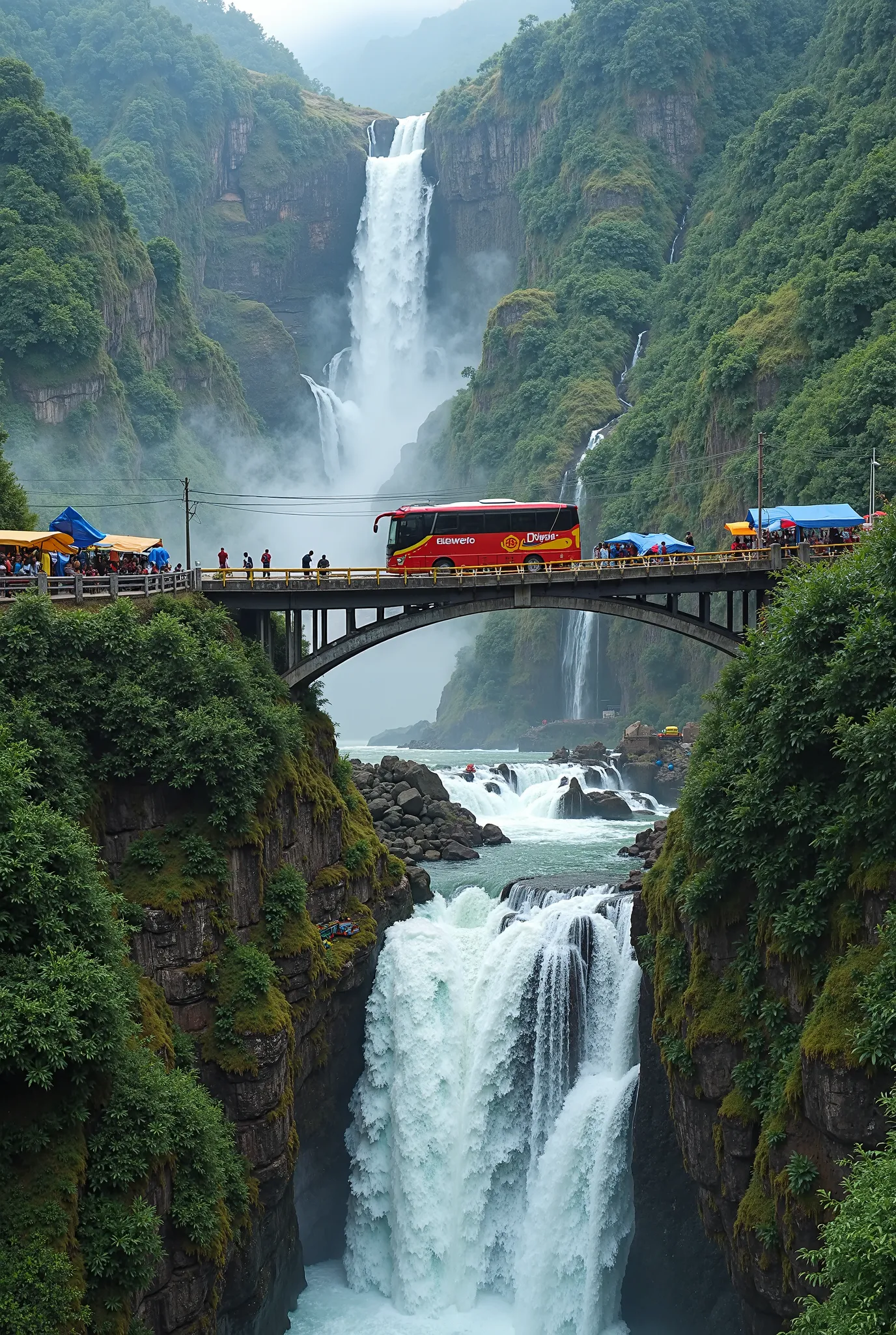 Here’s a detailed prompt based on the image:

**"A mesmerizing aerial view of a magnificent multi-tiered waterfall cascading down a lush green mountainside. The white waters of the falls contrast beautifully against the dark rocks and the vibrant greenery ...