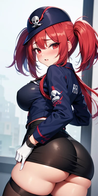   1 female,High Definition,high resolution,  Ultra-realistic  ,8K, a girl, Alone , red hair, red eyes, twin pigtails,   employee uniform, Pencil skirt,   Skull print  , Navy cap, fang,  black leg clothing ,   white gloves, big breasts,European,sexy,close u...