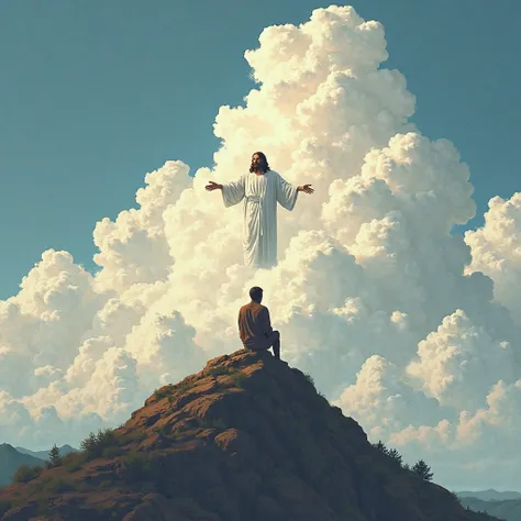 Create an art where a person is kneeling on a mountain peak above the clouds, and Jesus appears in the sky in the clouds wearing white robes. high resolution, best quality, High Details, simple bottom, illustration, Abstractionism, abstract expressionism, ...