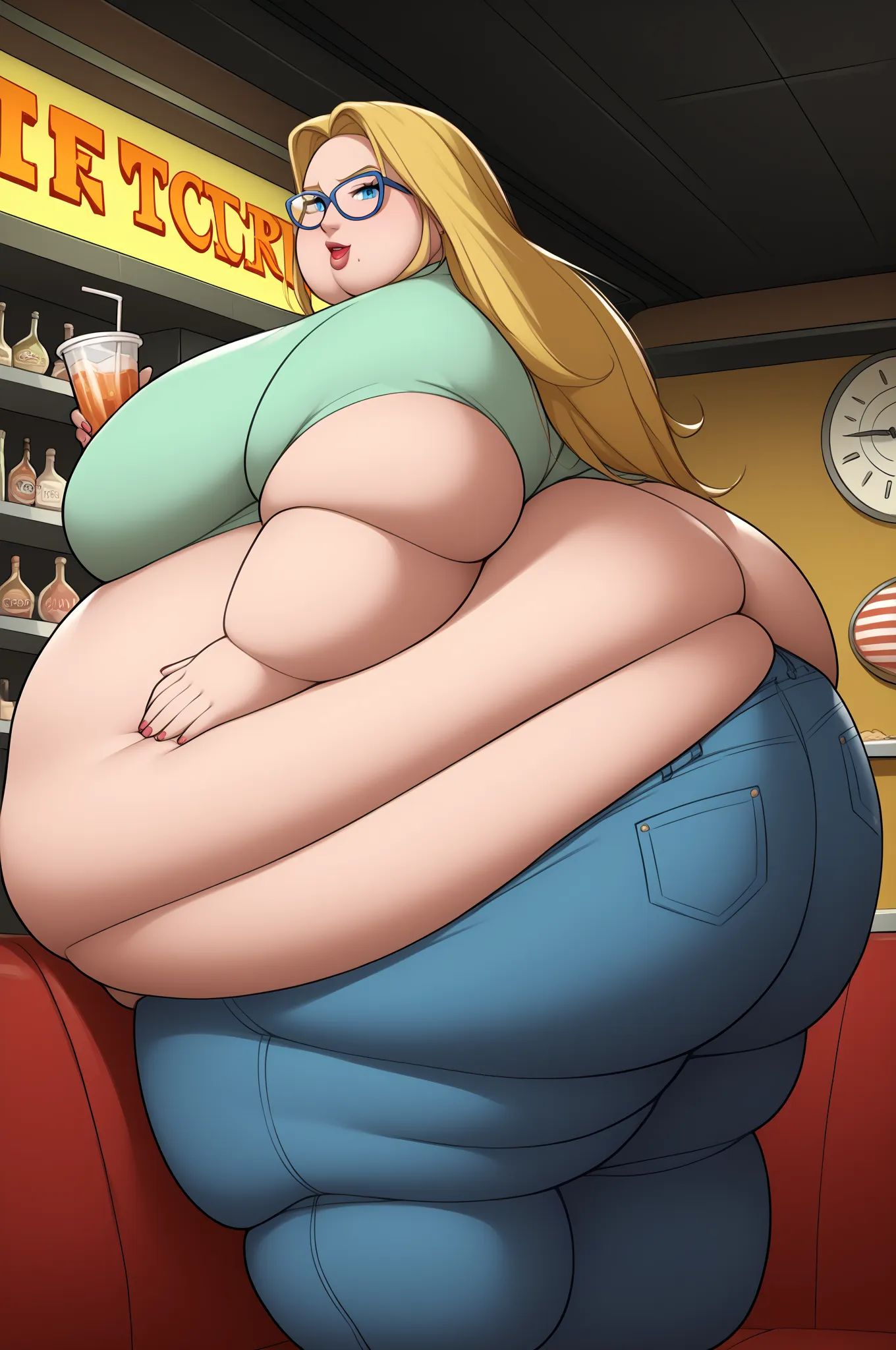 (parody,  animation :1.2),   source  _cartoon,   source  _anime, score_9, score_8_arriba, score_7_arriba, score_6_arriba,  ray tracing,  absurd,  intricate, ((zPDXL2)), ( absurd resolution, perfect anatomy( Perfect anatomy of an obese female body),(big fat...