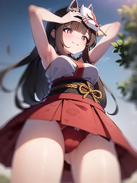 ((masterpiece,top quality)), 1 girl,  twinkle in both armpits, head mask , Wrist rope ,  symbol shaped pupils ,   blurry background,   Japanese landscape , smile,  from below, Red panties are visible, Hold the skirt by hand, 
