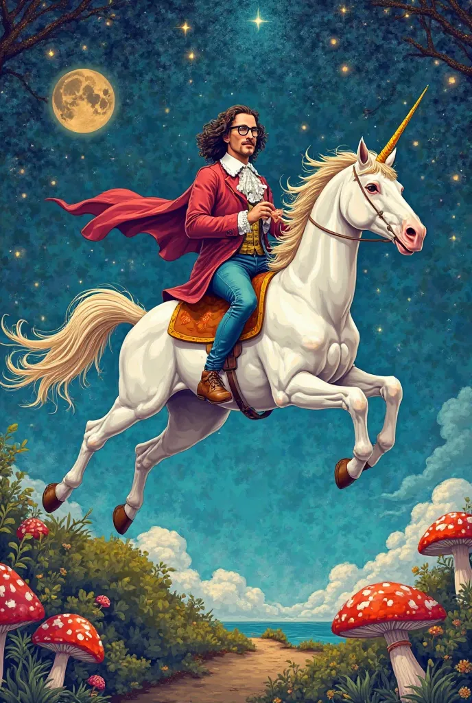 Draw a picture of Rene Descartes wearing 17th century clothes and modern dark glasses, riding on a white unicorn with rainbow hair and golden horn that flies and leaves a trail of stardust coming down from the sky and landing in a colorful night park with ...