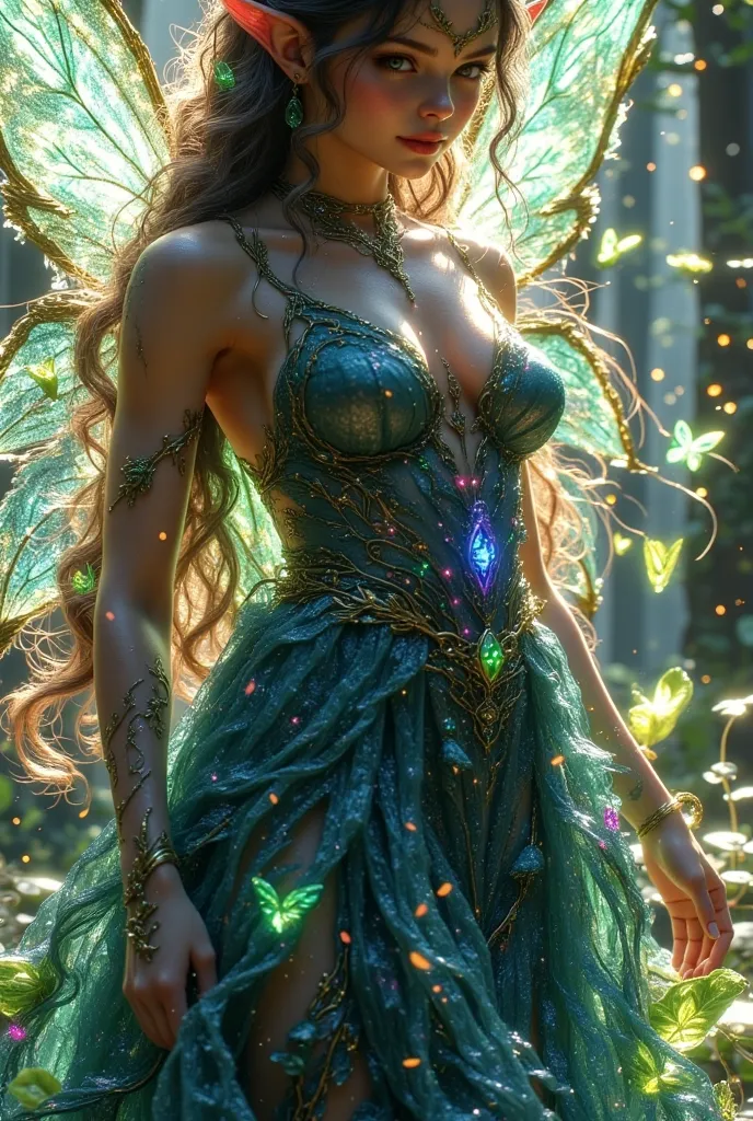 Full body shot photo, realistic textures, 4k, Of a fairy who is the guardian of an enchanted forest. She must be extremely beautiful and ethereal, with an air of mystery and magic. Facial features: big shiny eyes, skin with an emerald green hue.  soft and ...