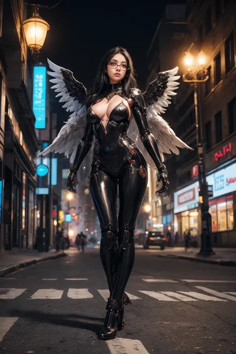    Beautiful Female 35 year old long black hair   ,   breasts  , latina , queen , mexican , with nerd glasses , full body ,robotic body , ciborg , with angel wings ,on the streets of big city , in the nigth 
hiperrealistic 