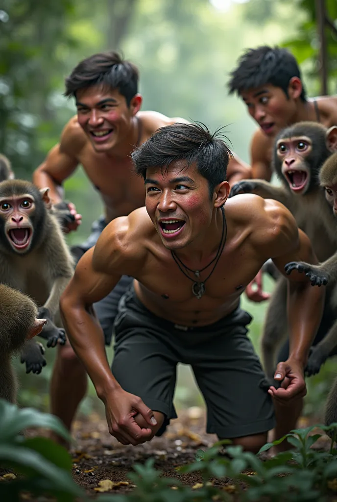 young men fell down by monkey attack and get injured 