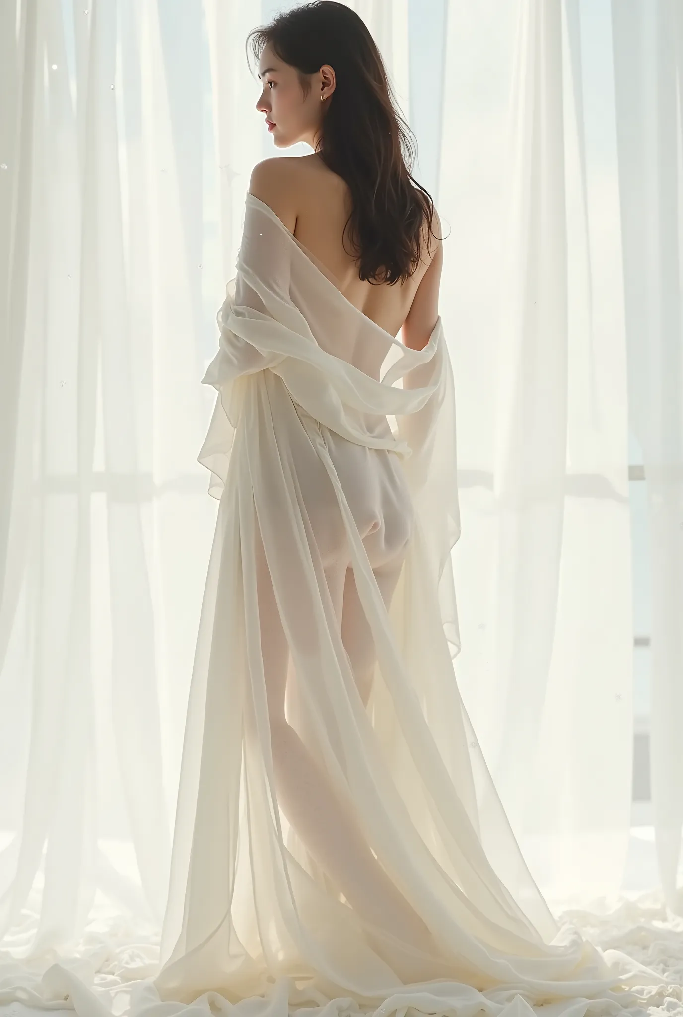 Create an image of a young naked Japanese woman wearing a large piece of white cloth。. The fabric should be thin and translucent, Make the outline of the cloth faintly visible in strong backlighting. Keep the background light and fresh, A light and airy at...