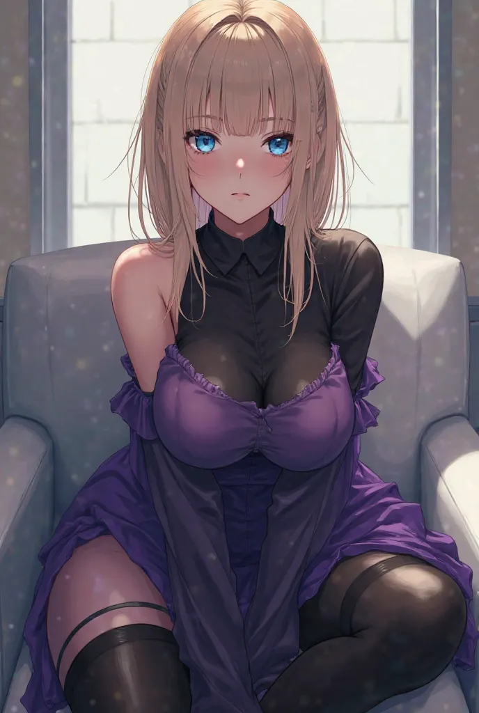 Semi-long straight blonde anime girl with blue eyes dressed in a black shirt with a long collar , up a purple shirt with bare shoulders, with black leggings down 