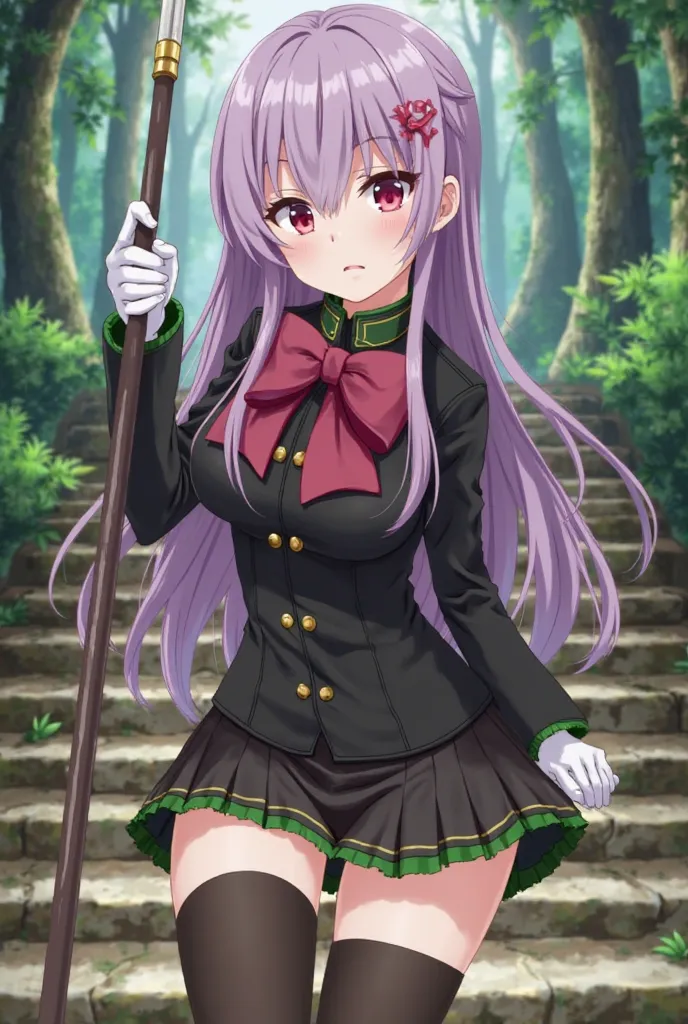 The image is an anime-style illustration featuring a female character with long purple hair tied with a large dark pink bow. He has fair skin and determined crimson red eyes. The character wears a military-style uniform, consisting of a black jacket with g...