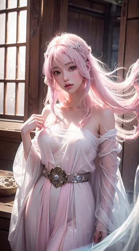  super realistic, Elaborate, High resolution 16K images,  The ghost or guardian spirit of a beautiful woman .  She has light pink hair and translucent skin , belt。.   This image、captures the graceful beauty and mystery of the spiritual world . This style i...