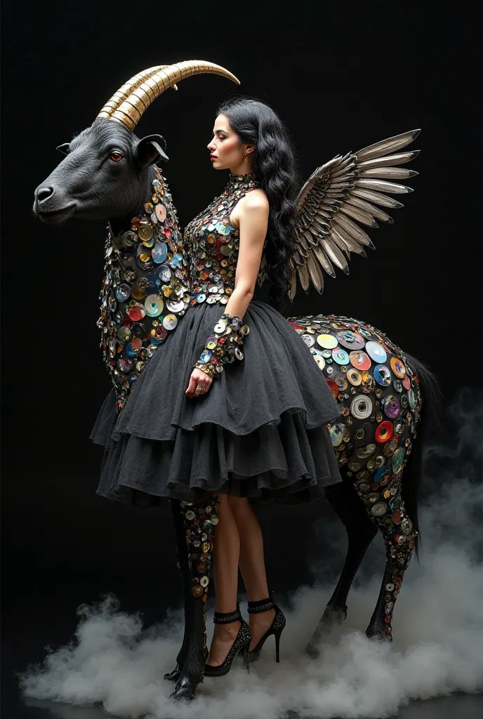 Black goat with a suit made entirely of CD and CD scales of CDs, The side of a black-haired woman with wings, with a bodice made of cassette tapes,a playful black skirt, a high-heeled boot made of ribbon, black background with white smoke, album cover real...