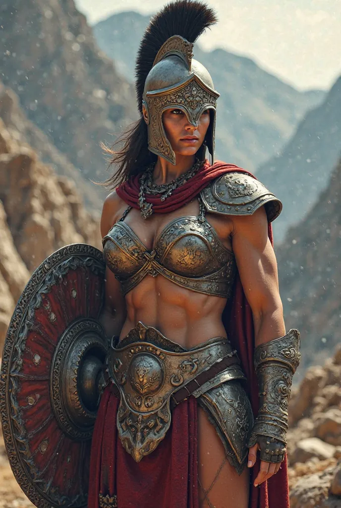 Warrior woman with half-sided Spartan helmet and shield