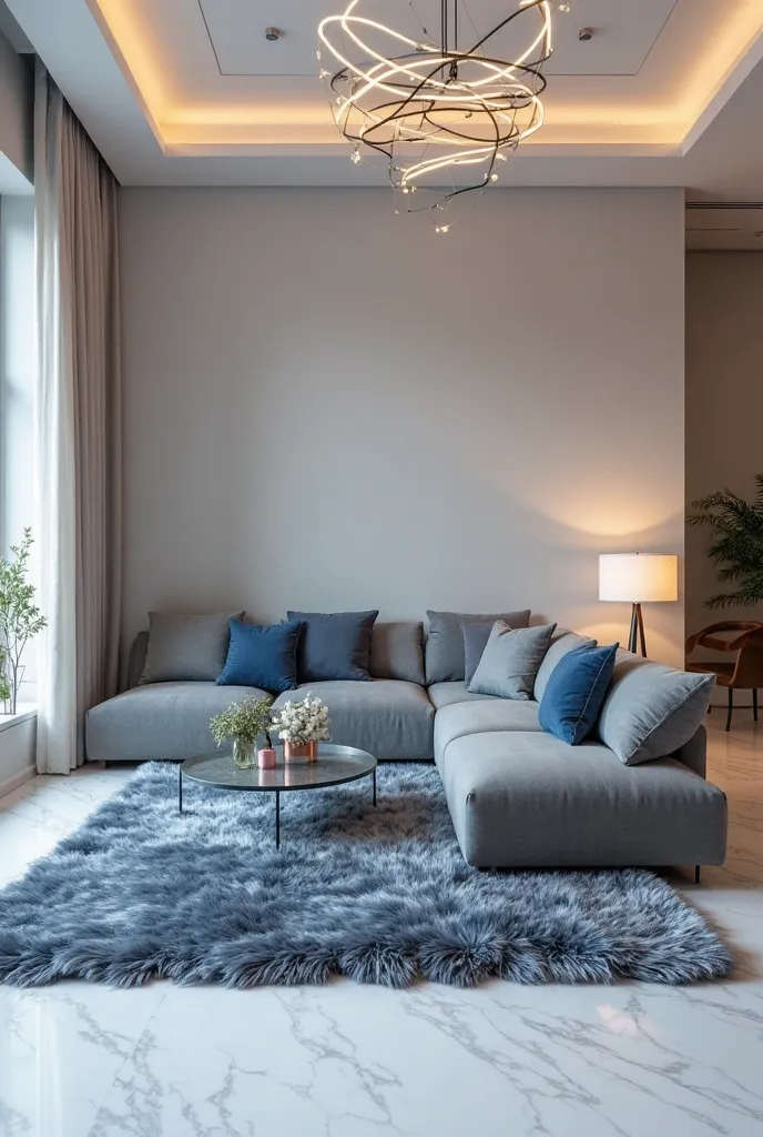 Creates an image of a room with a white marble floor, an L-shaped sofa for 4 people in gray color with blue and gray cushions, a furry rectangular blue-gray rug that covers under the sofa and the coffee table and a small round glass table with small flower...