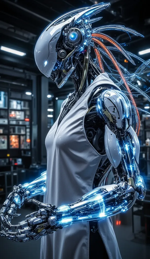 "Android holographic display with a transparent body that shows advanced circuits and radiant energy flowing inside. The robot has an expressive face and is at work in a futuristic laboratory filled with a high-tech."