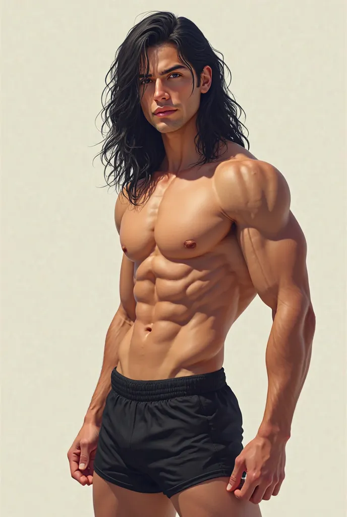 A ager with his back straight and long black hair with short shorts 