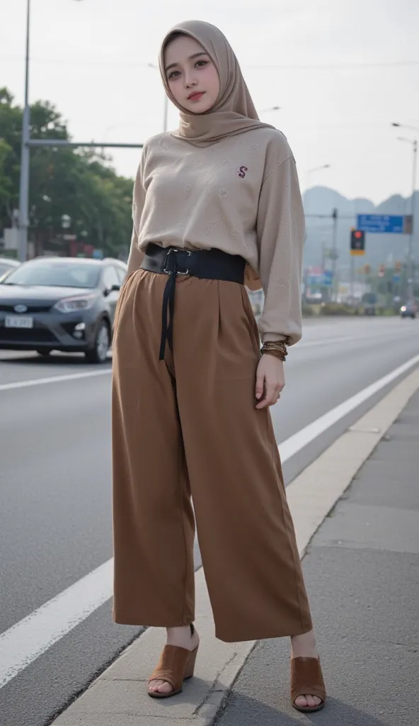 
Muslimah,korea girl, beautiful,smile ,eyelash ,outdoor,on a busy highway, Hijab light brown pattern 🦋,knitware baggy brown ,seluar cotton wide brown, black waistband, stand,  front view  , model pose, ,beg Louis, ,right bangle, wedges brown, black eye mir...