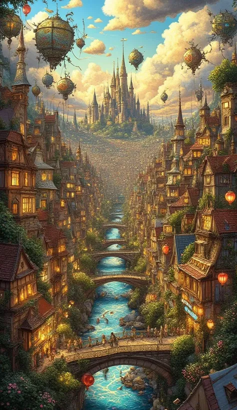 Studio Ghibli-inspired illustration, (soft painterly textures:1.2), (dreamy and warm color palette:1.3), hand-drawn fantasy city, cozy atmosphere, floating lanterns, intricate rooftops, cobblestone streets, whimsical architecture, glowing windows, lush gre...