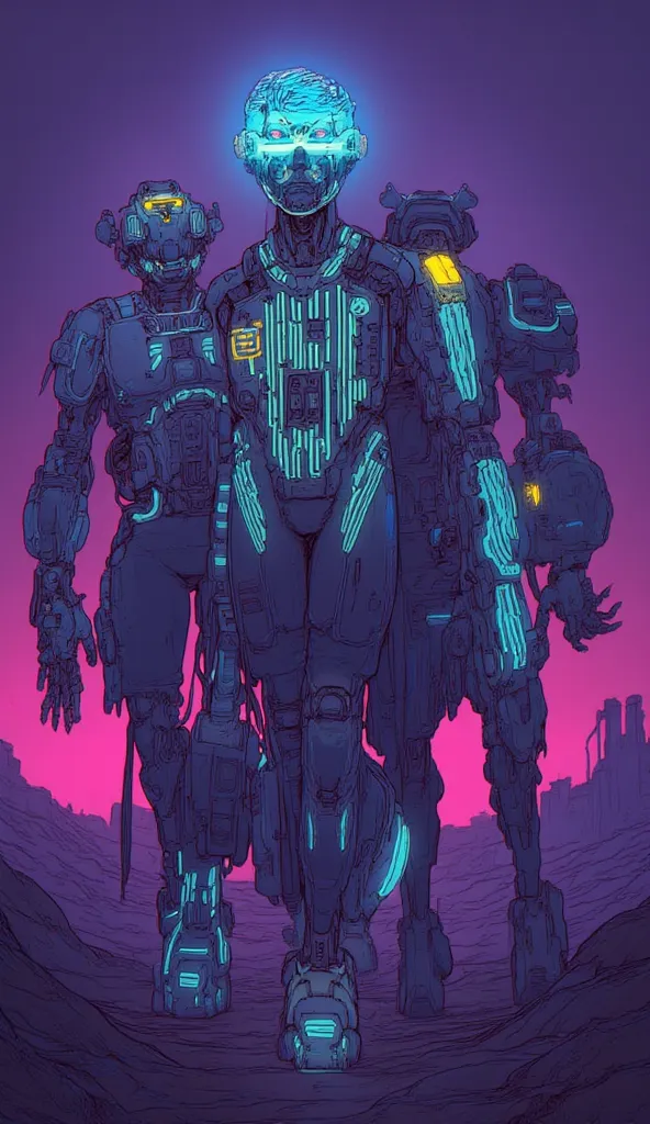 neon colored paranoid android with a robot beast companion, ultra high definition, 8k