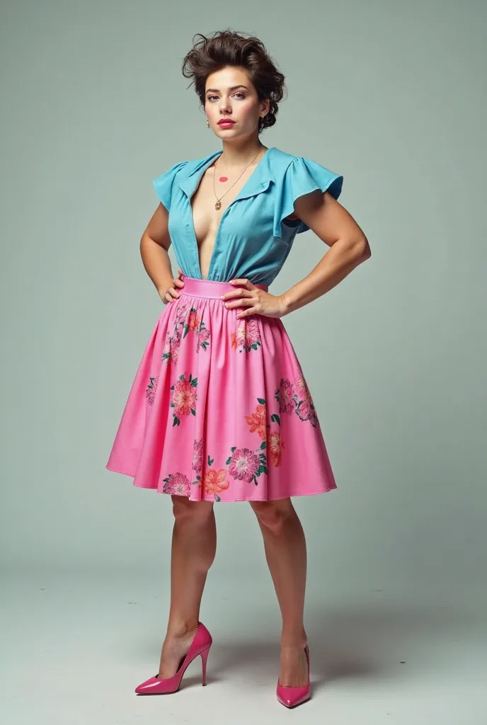 Man wearing women's clothing(pink skirt with flowers, a sky blue top with a deep neckline and a pair of high-heeled shoes) With makeup and mascara but continue with a man's body 