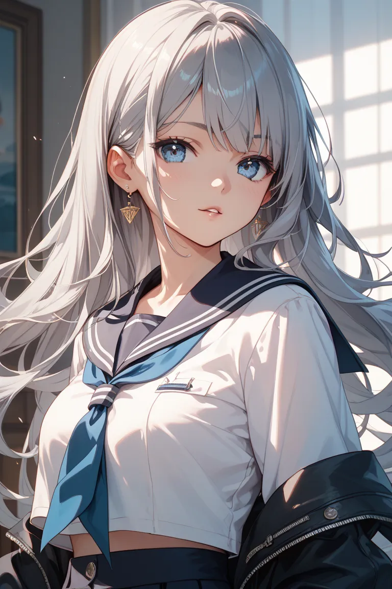 Gray Hair、long hair 、sailor suit、Blue Eyes