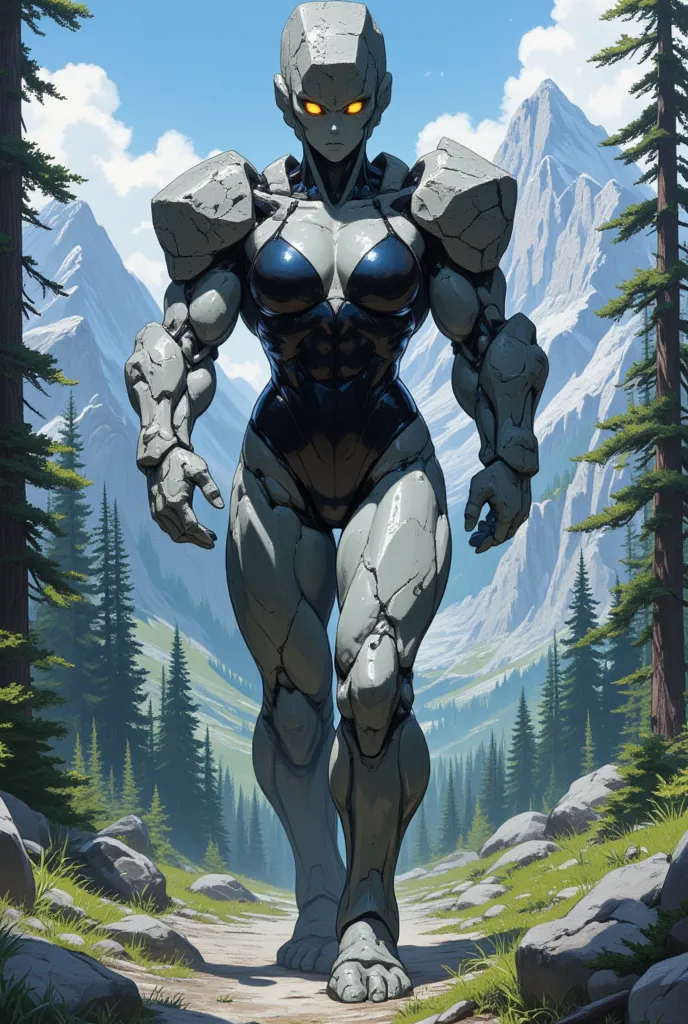 illustrate a hulking female stone golem with a strong muscular physique and extremely narrow waist. the stone is light grey except on her torso where it is a obsidian black, her body is rough stone with visible angles and cracks. she wears a dark black sle...