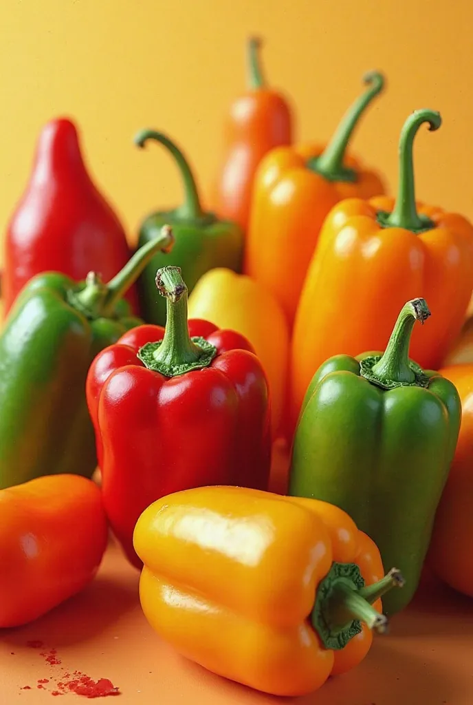 Peppers of three colors (red, green, yellow) from different perspectives 