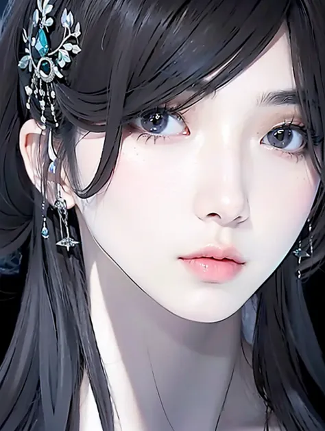  A highly detailed and realistic portrait of a beautiful woman with dark hair, styled elegantly with intricate silver and blue gemstone hair accessories. She has a calm and composed expression, with soft, flawless skin, delicate features, and deep, express...