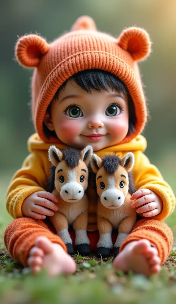 2 tiny horses in the lap of a cute ultra-realistic baby dressed in colorful clothes. The background is blurred  