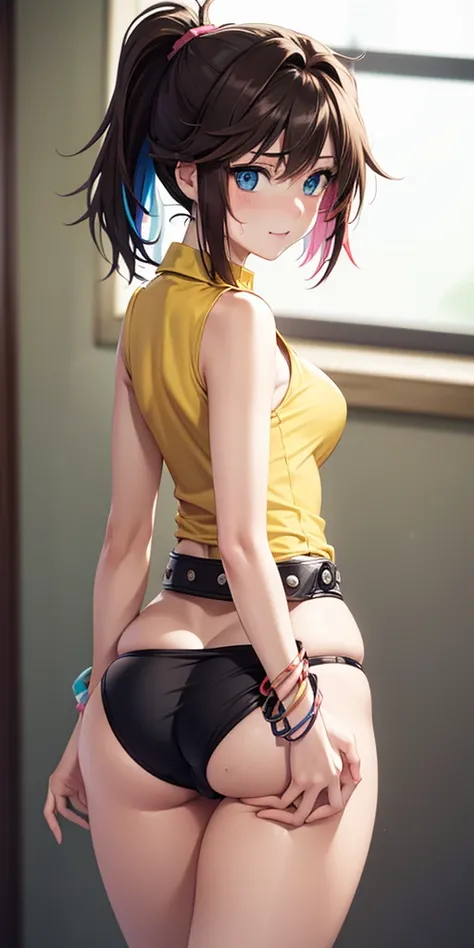   1 female,High Definition,high resolution,  Ultra-realistic  ,8K,bbmazaki  , ponytail, collector, blue eyes,((yellow shirt)), collar,sleeveless, bracelet,   belt, falda rosa,   Skinny skirt  ,((mini fold)),black thong,European,sexy,close up of the upper b...