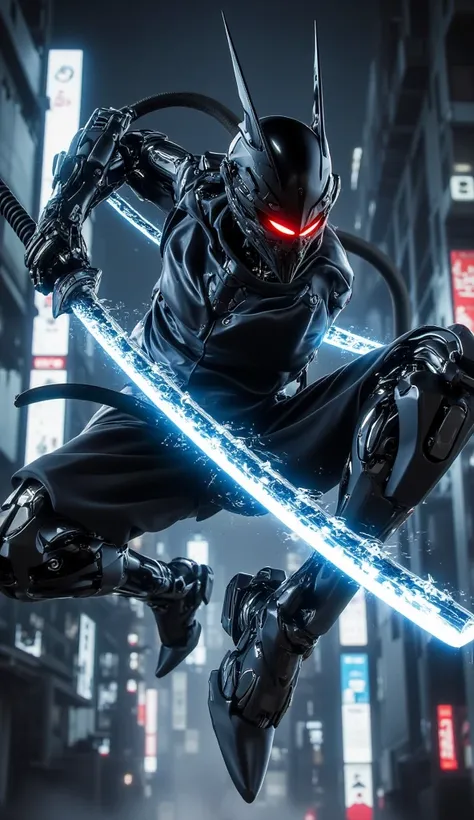 "Futuristic ninja robot with matte black armor and flaming red eyes, using blue energy sword, jumps between tall buildings in a nighttime cyberpunk atmosphere."