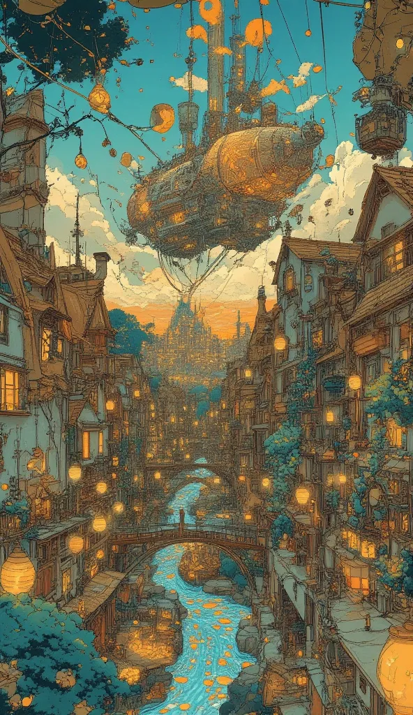 Studio Ghibli-inspired illustration, (soft painterly textures:1.2), (dreamy and warm color palette:1.3), hand-drawn fantasy city, cozy atmosphere, floating lanterns, intricate rooftops, cobblestone streets, whimsical architecture, glowing windows, lush gre...