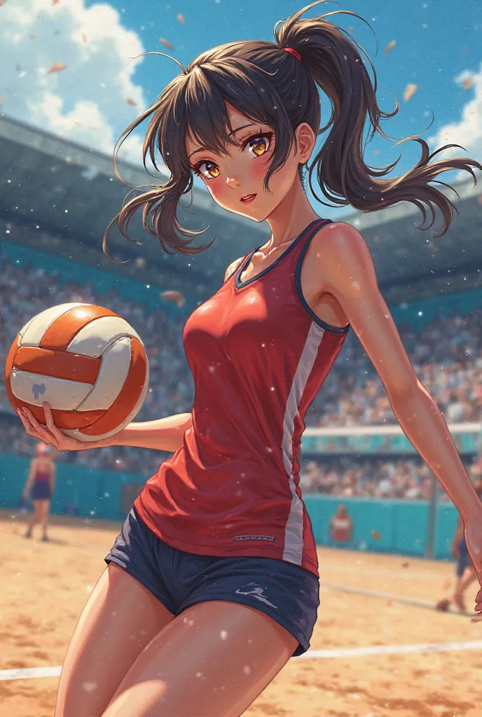 Make a anime girl volleyball player (sexy) and she is sweting