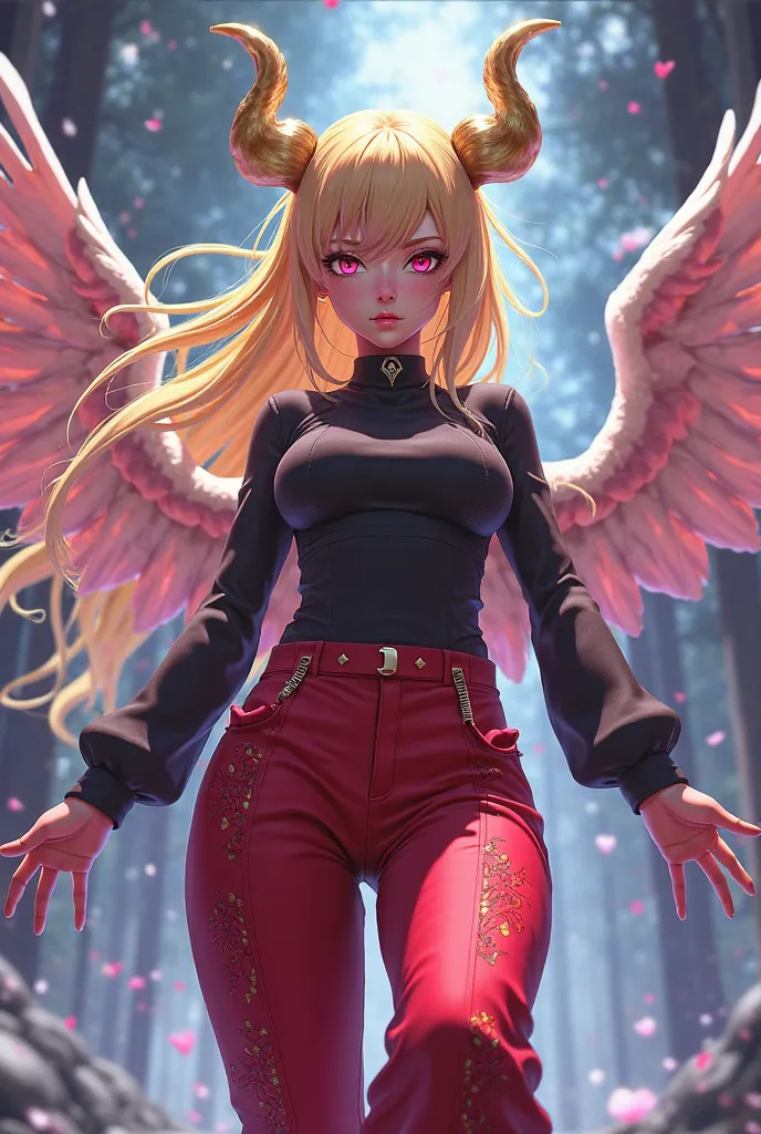 I want an anime, of Free FiRE ,  with blond hair , With golden horns, red angelic pants,turtleneck black, pink slippers