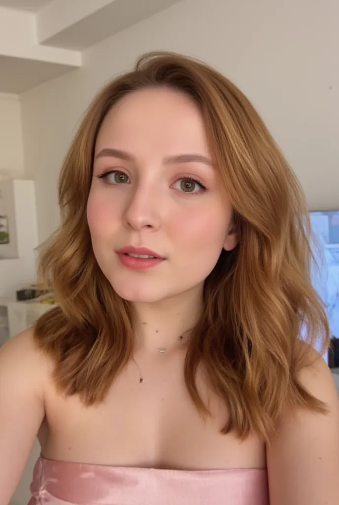 Larissa Manoela at .The girl in  , white human skin , Long red hair,  light eyes, average human skin, , average imperfections of a girl, petite she is wearing a strapless blouse and sexy pajamas, the selfie in the gallery is in poor quality, blurred, loud ...