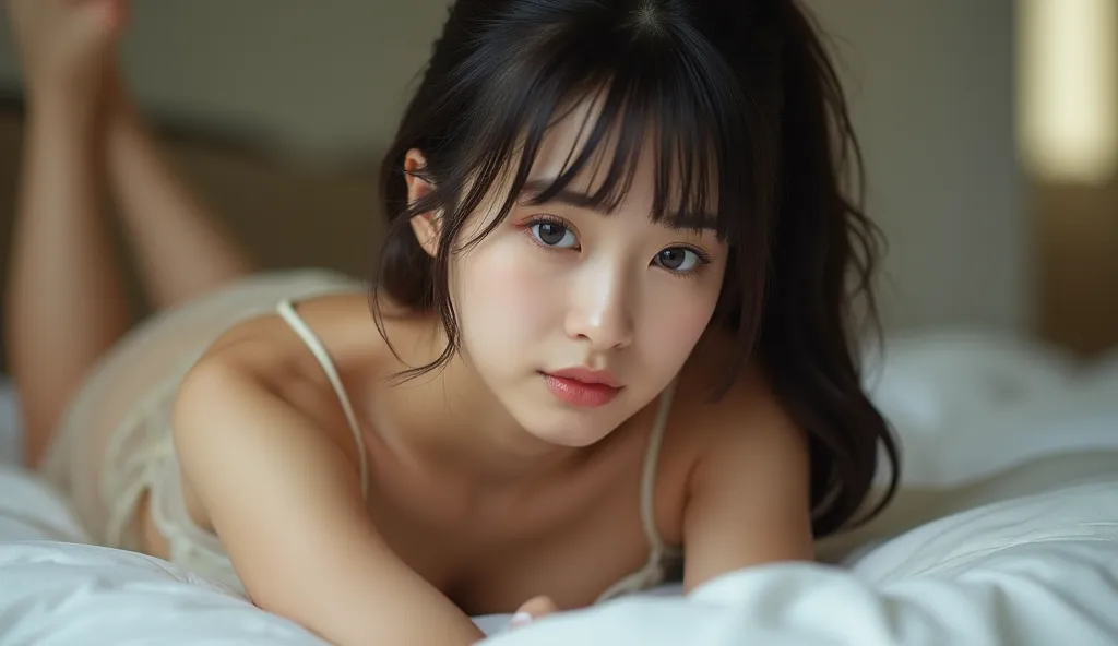 beautiful young Japanese woman、black hair ponytail ,  wear、 Attractive appearance  , Detailed beautiful legs, Big Breasts,  stand on all fours in bed、I'm wearing a transparent camisole mini dress , ( best quality,4K,8k, high image quality during sick leave...