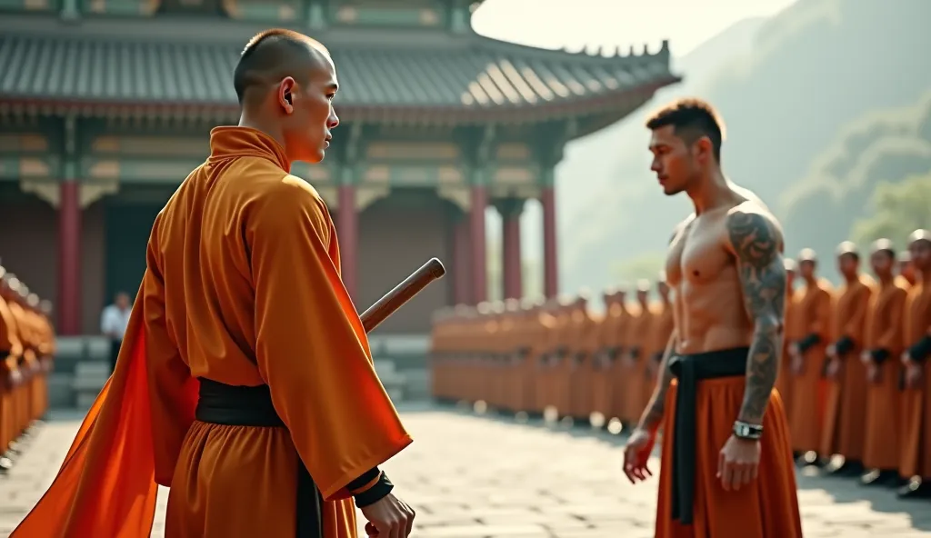 A legendary Shaolin master stands in a secretive and deadly Kung Fu stance. He wears the traditional orange Shaolin robes, has short, thin hair, and is completely clean-shaven. In his hand, he firmly grips a traditional Shaolin staff. Beside him stands a f...