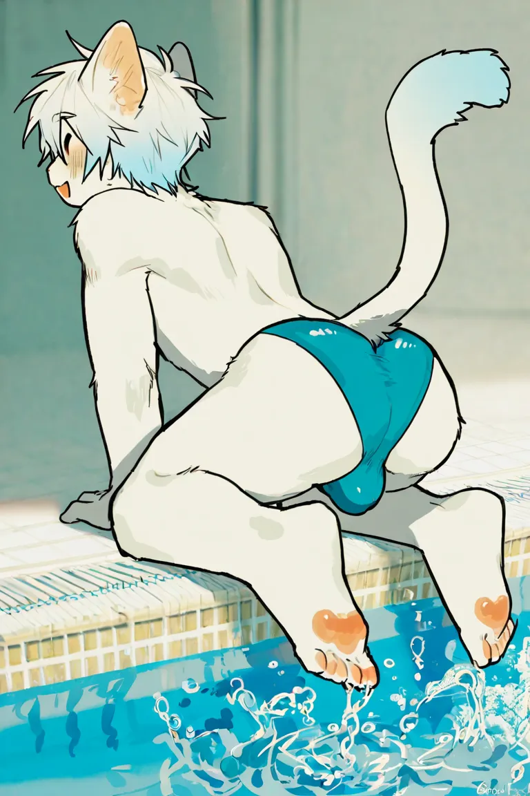 Fraction_9,Fraction_8_up,Fraction_7_up,Fraction_6_up,Fraction_5_up, source_  furry  ,  furry male，（（solo）），hadrian ,  cat boy,  White hair，Light blue hair, Tail, barefoot, no shoes,   Background Pool ，Open body ，Happy performance , Soak your feet in water，...