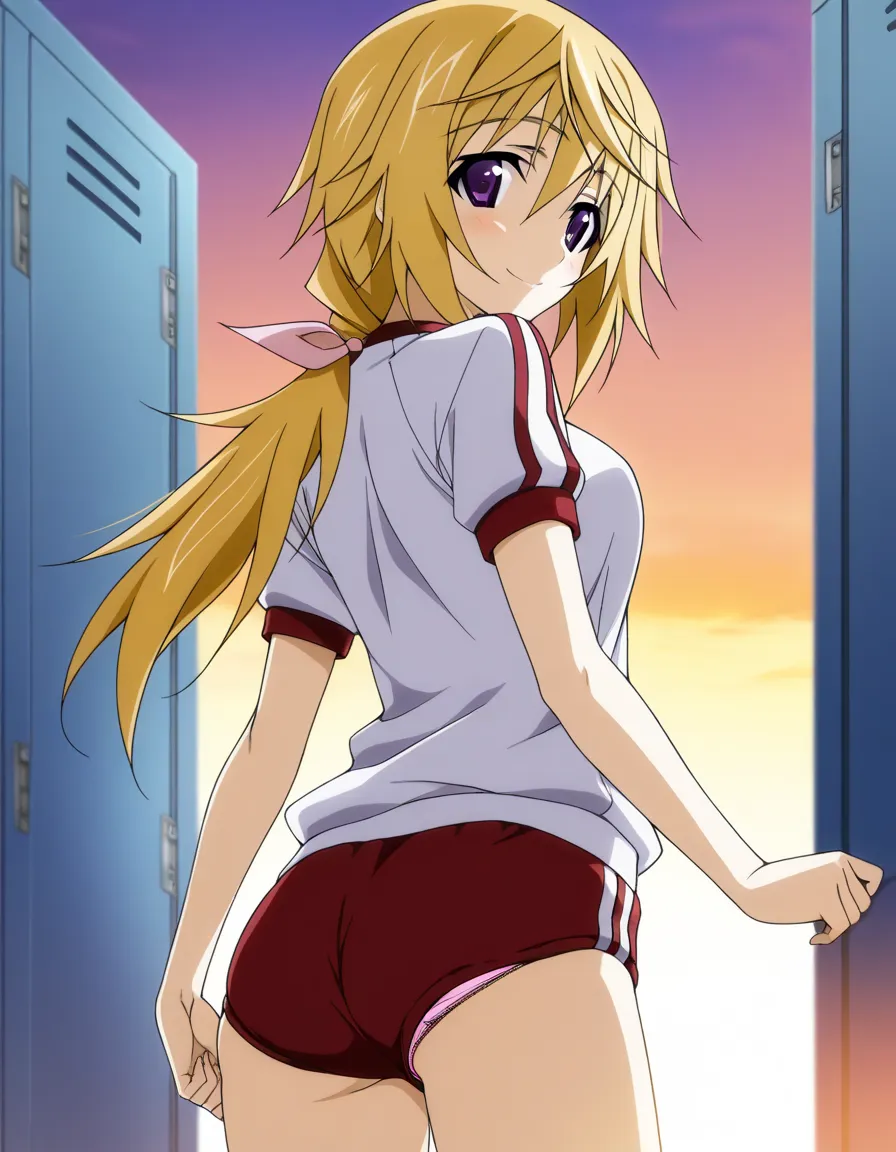 1Girl,solo,Score_9, Score_8_up, Score_7_up, Score_6_up, Score_5_up, Score_4_up, best quality,{{ANIME COLORING}},masterpiece, best quality,charlottedunois, charlotte dunois, long hair, blonde hair, ribbon, purple eyes, ponytail, hair ribbon,gym uniform, gym...