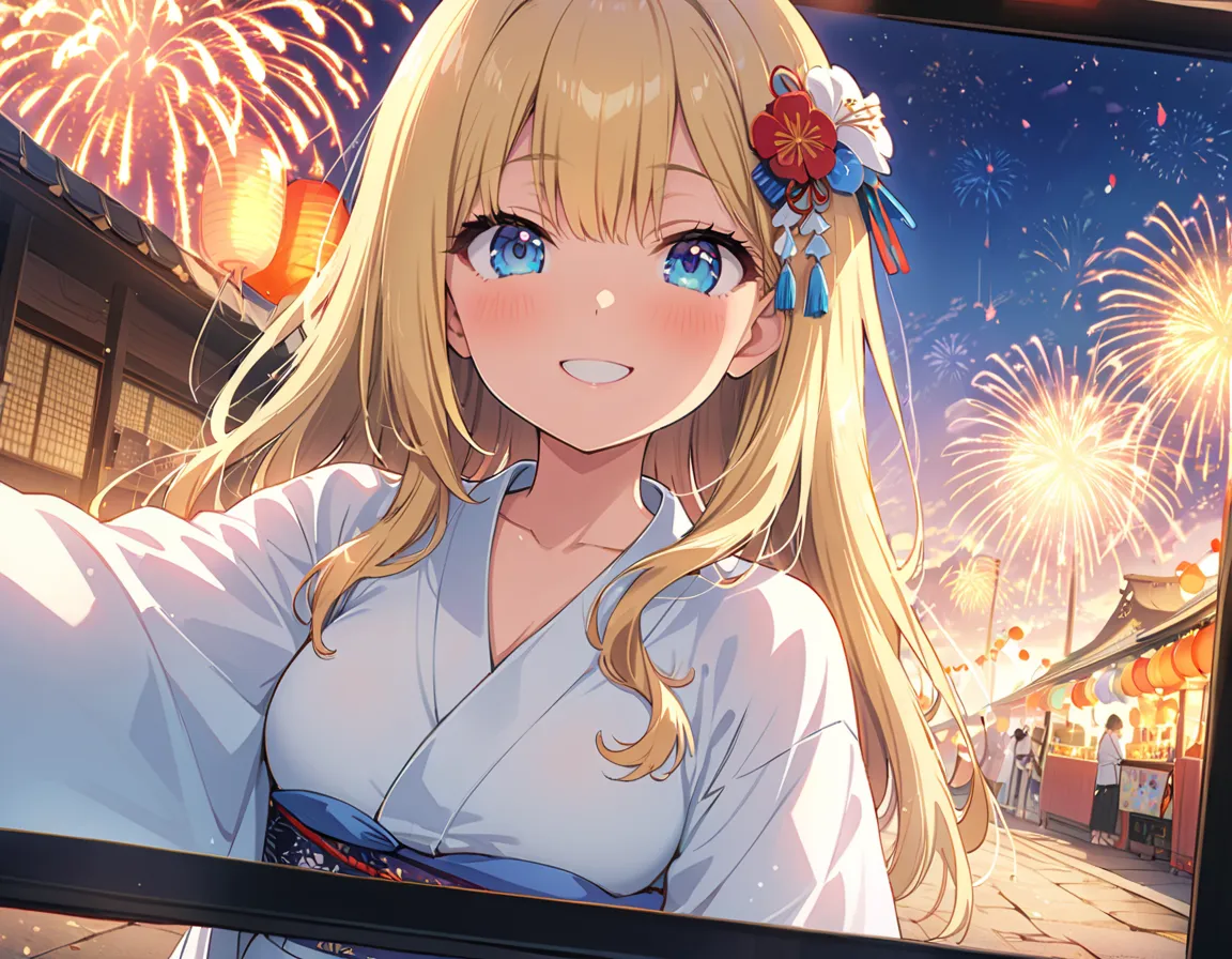 (masterpiece: 1.2), (very well detailed: 1.2), (very well detailed CG: 1.2), (high quality: 1.2), (top quality), 8k, Anime Illustration, perfect lighting,   Fireworks , Festival, Japan, (Cheeky girl with slung eyes), (blond with a big face: 1, semi-long ha...